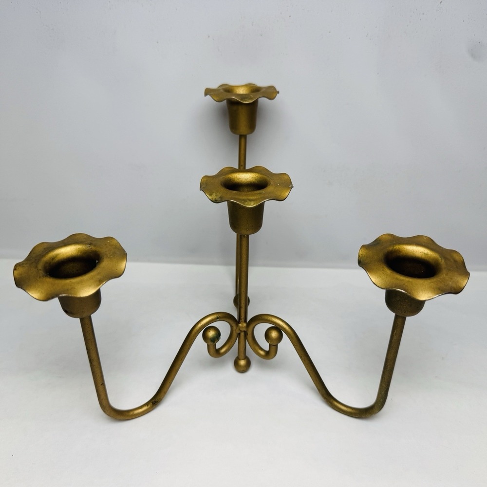 Vintage Brass Gold Tone Candle Holder Mid Century‎ Modern MCM 3 Arm Candelabra